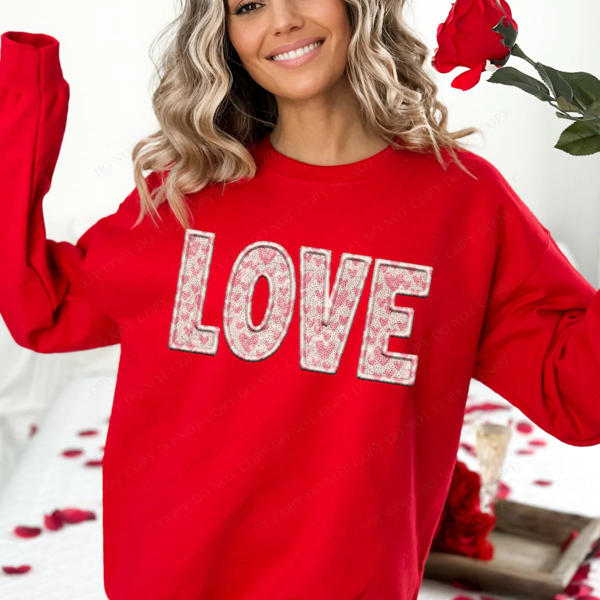 Love Faux Embroidery And Sequin Cream With Pink Hearts