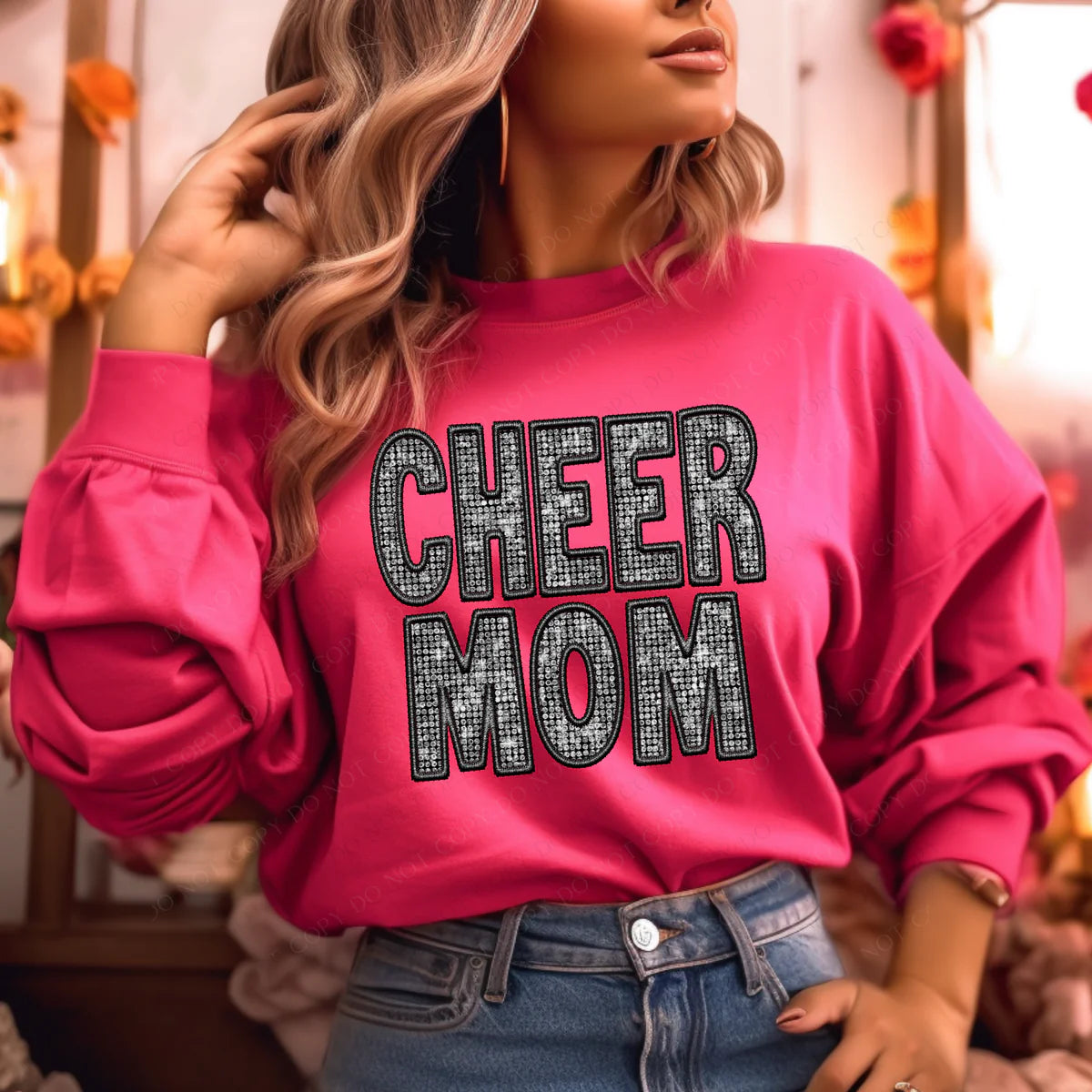 Cheer Mom Faux Embroidery Diamonds Bling in Black (RTP- Ready to Print)