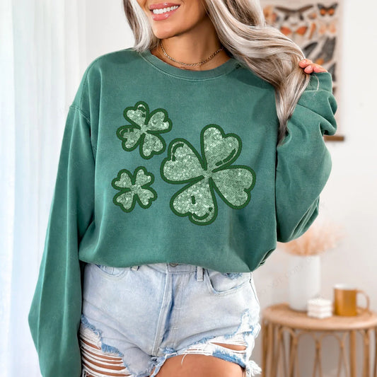 Four Leaf Clovers Faux Embroidery And Glitter Green (RTP- Ready to Print)